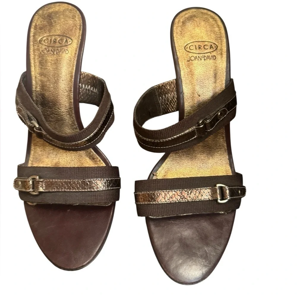 CIRCA JOAN & DAVID Leather And Canvas SZ 8 Open Toe Heel 2 Strap Y2K Bronze EUC